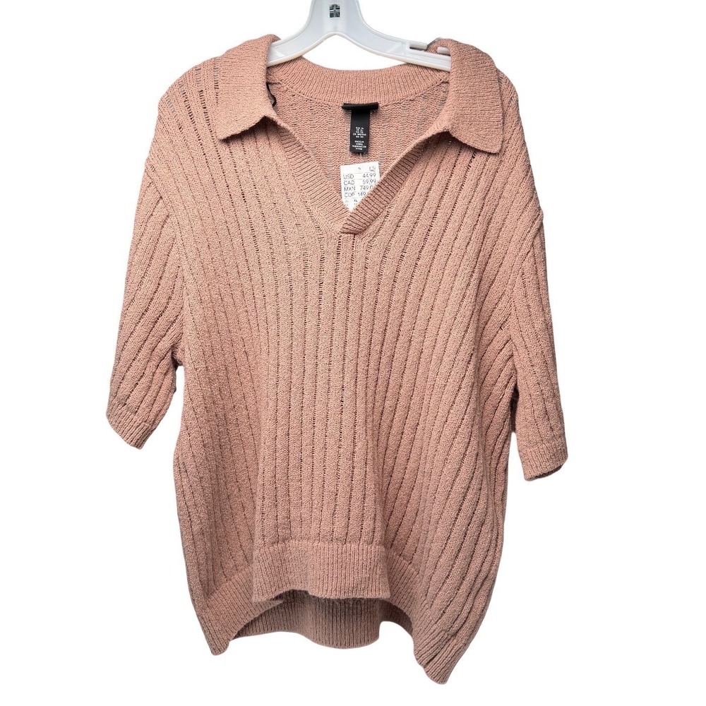 NWT HM Mens Loose Fit Ribbed Knit Polo Shirt Tan Neutral Resort Beach Breezy